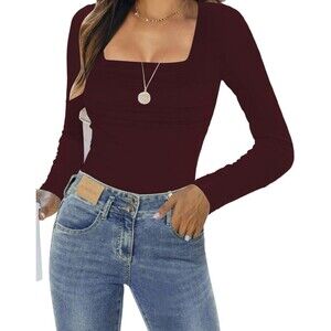 KEEPBEAUTY Womens Ruched Square Neck Long Sleeve Top Burgundy Size Medium